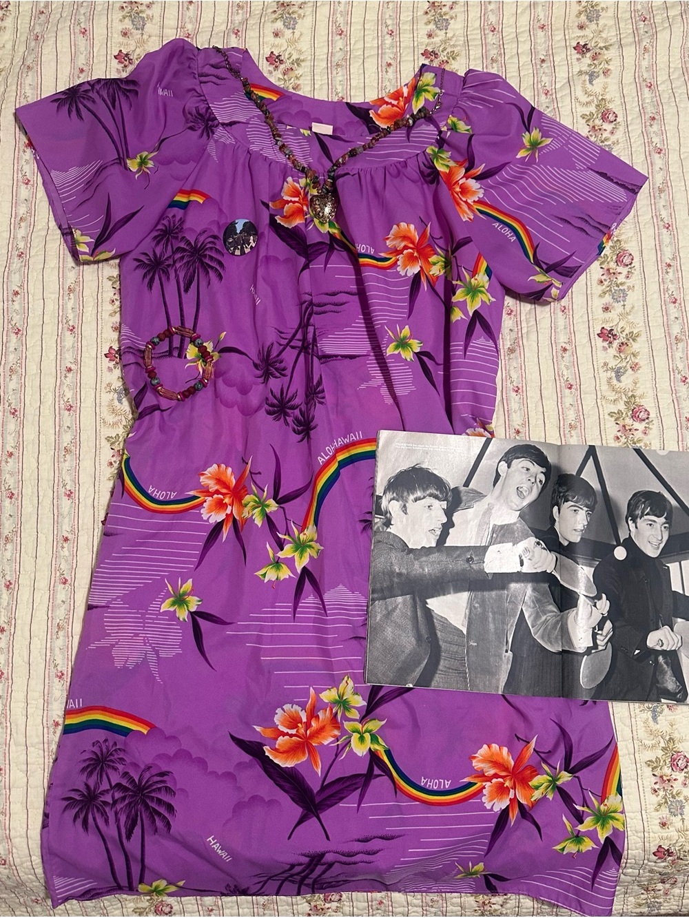 True Vintage 70s Hawaiian Muumuu House Dress Purple Floral Rainbow Aloha L XL